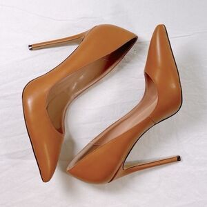 Sunetedance Women's Slip On Camel Faux Leather Pump Pointed Toe Stiletto Heel